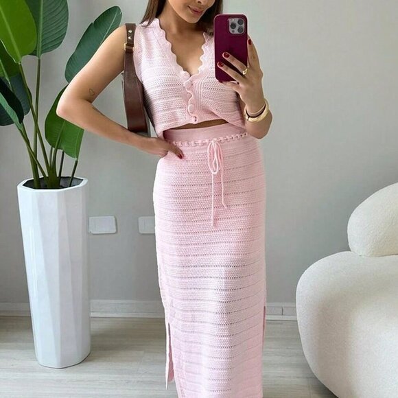 Pink Casual Women's Two Piece Set V-Neck Hollow V-Neck Mushroom - Picture 1 of 4